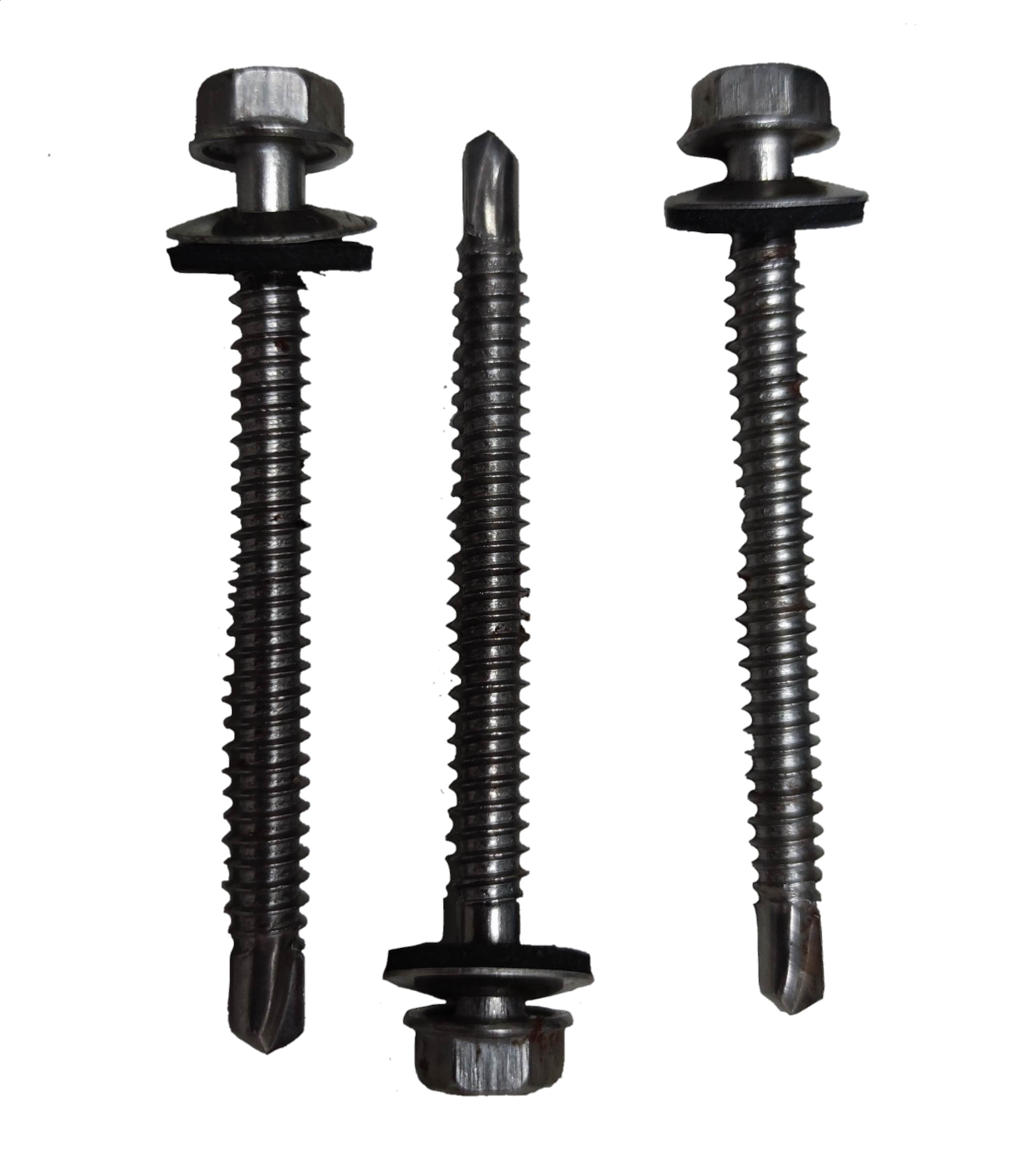 Three metal Tex Screw 6mmx 70mm Nut size 9mm screws with hex heads and attached washers