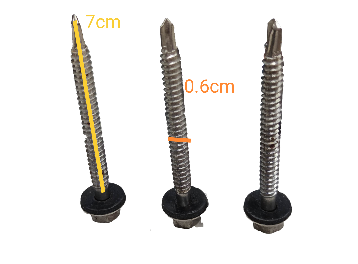 Tex Screw 6mmx 70mm Nut size 9mm with black washer and metal threading shown from multiple angles