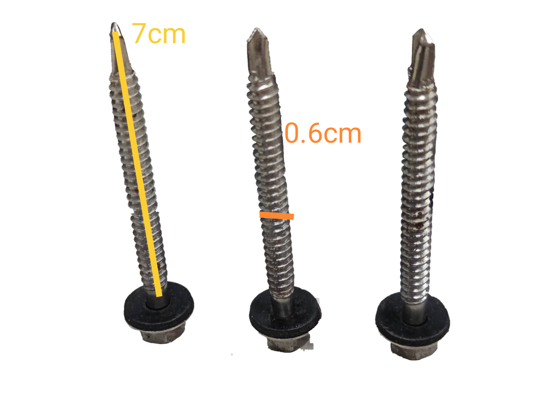 Tex Screw 6mmx 70mm Nut size 9mm with black washer and metal threading shown from multiple angles