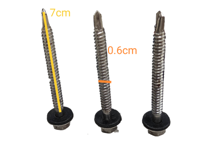 Tex Screw 6mmx 70mm Nut size 9mm with black washer and metal threading shown from multiple angles
