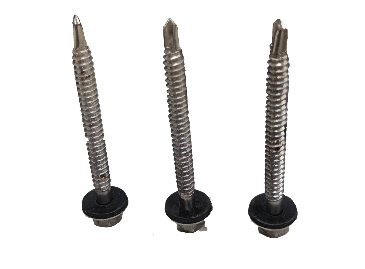 Three metal Tex Screw 6mmx 70mm Nut size 9mm with black rubber washers on black background