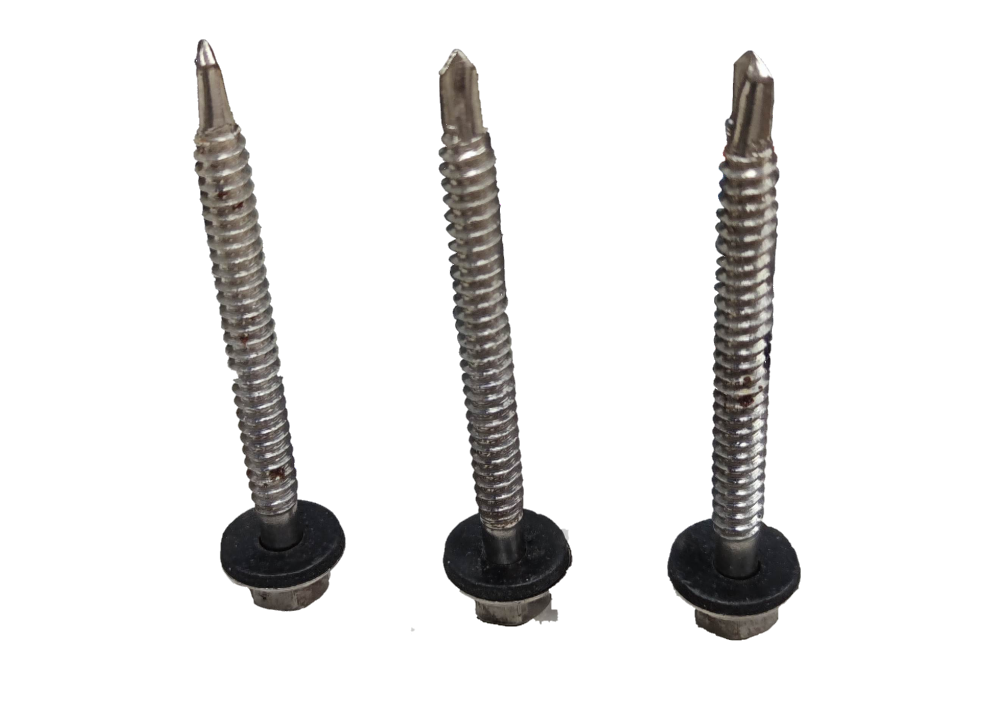 Three metal Tex Screw 6mmx 70mm Nut size 9mm with black rubber washers on black background