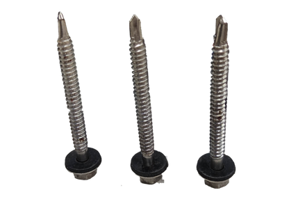 Three metal Tex Screw 6mmx 70mm Nut size 9mm with black rubber washers on black background