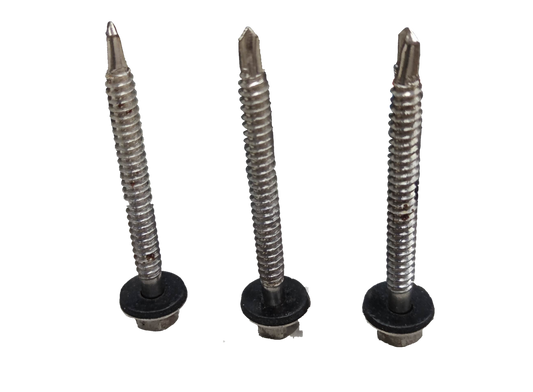 Three metal Tex Screw 6mmx 70mm Nut size 9mm with black rubber washers on black background