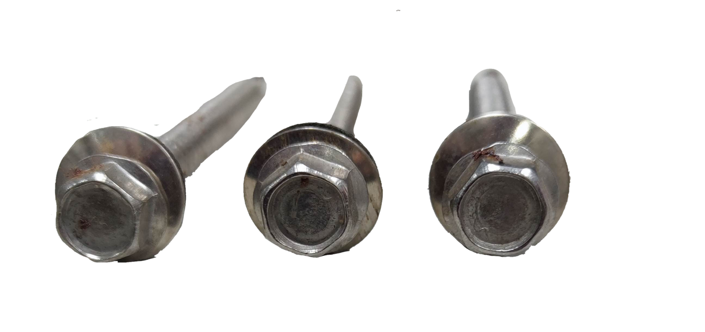 Three metallic Tex Screw 6mmx 70mm Nut size 9mm with hexagonal heads on black background