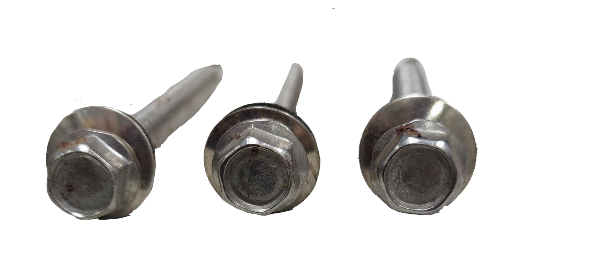 Three metallic Tex Screw 6mmx 70mm Nut size 9mm with hexagonal heads on black background