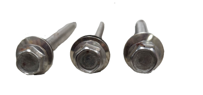 Three metallic Tex Screw 6mmx 70mm Nut size 9mm with hexagonal heads on black background