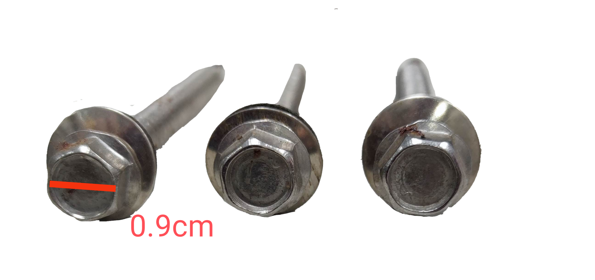 Close-up of shiny metal Tex Screw 6mmx 70mm Nut size 9mm with hexagonal head and washer