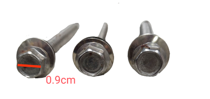 Close-up of shiny metal Tex Screw 6mmx 70mm Nut size 9mm with hexagonal head and washer