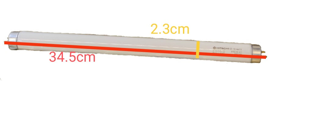 TFC 10W Fluorescent Tube Daylight T8 showcasing dimensions 34.5cm length and 2.3cm diameter