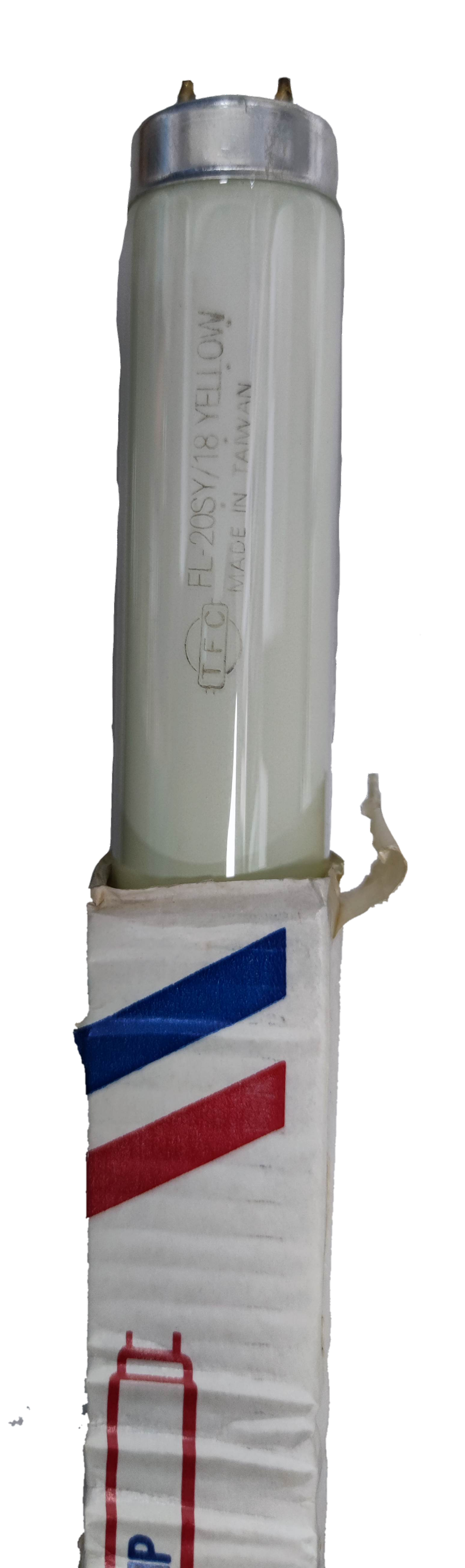 TFC 18W T-8 Fluorescent Tube Yellow in white glass with metal end caps on packaging