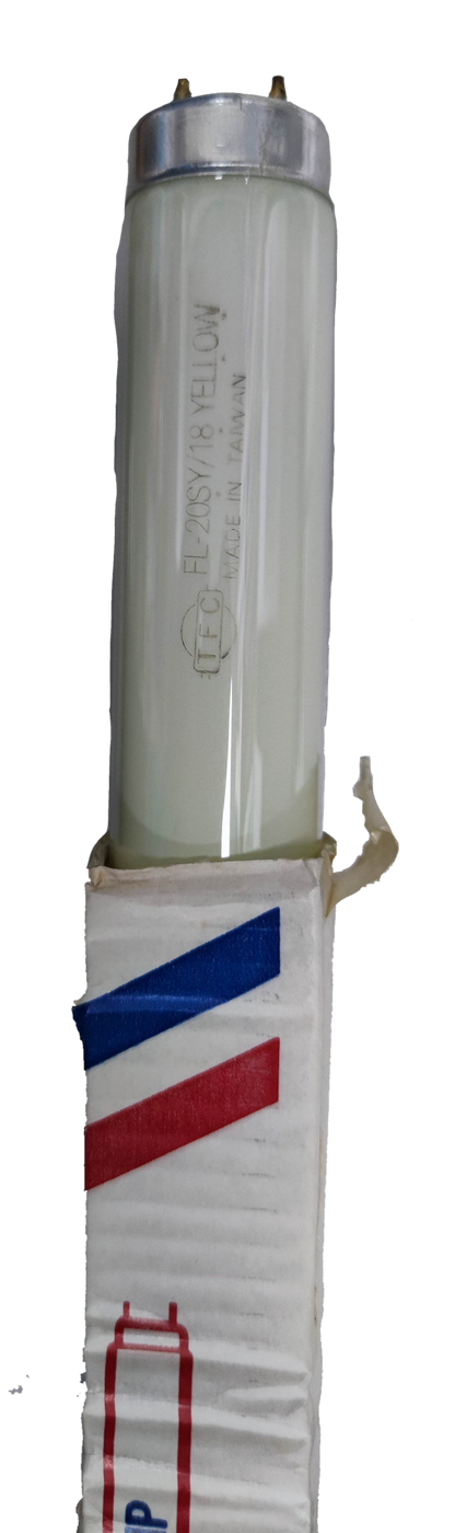 TFC 18W T-8 Fluorescent Tube Yellow in white glass with metal end caps on packaging