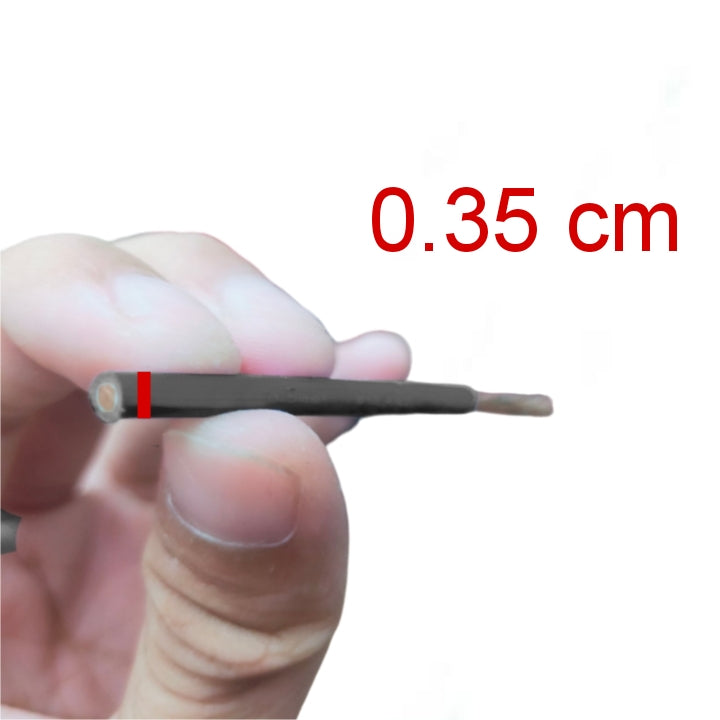Hand holding THHN 12 AWG black wire 150 meters demonstrating thickness with measurement details