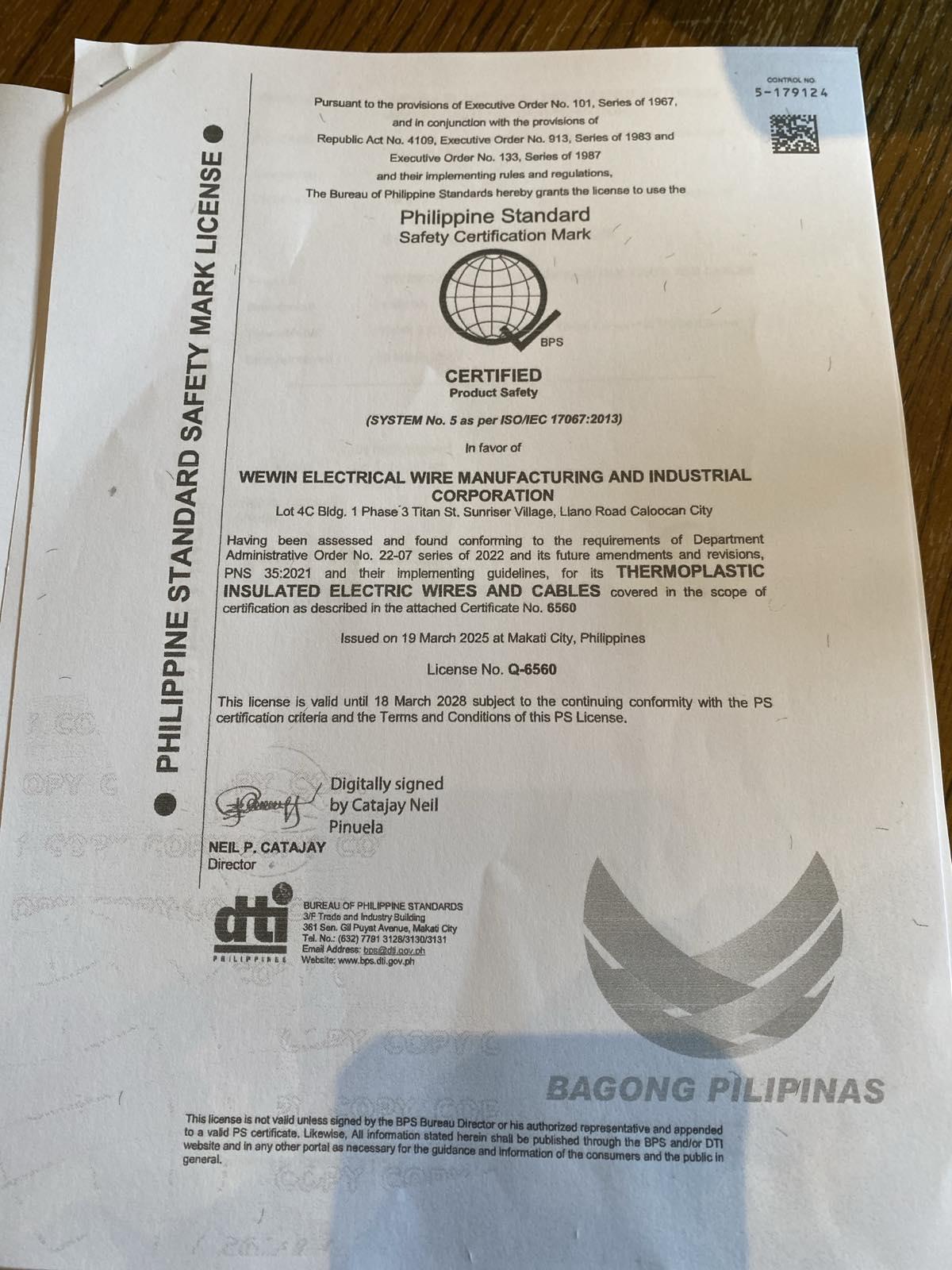 Philippine Standard certification document for Omega THHN 12 AWG black wire 150 meters