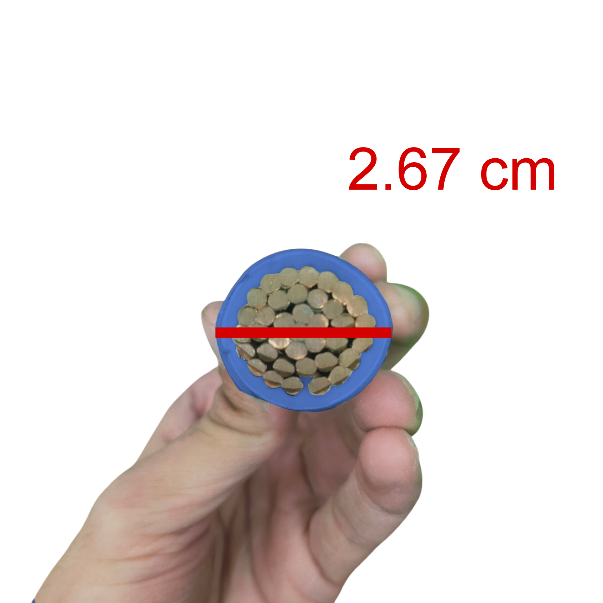 Hand holding a thick Phelps Dodge thhn wire showing cross-section diameter of 2.67 cm
