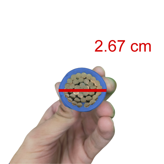 Hand holding a thick Phelps Dodge thhn wire showing cross-section diameter of 2.67 cm
