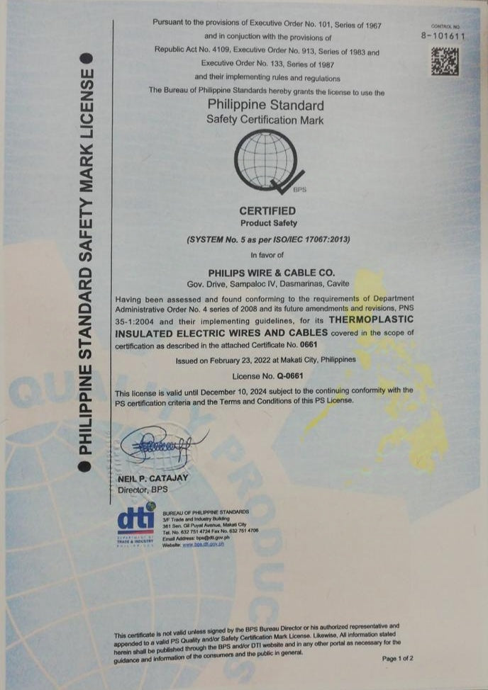 Philflex THHN wire certification document showcasing safety standards compliance
