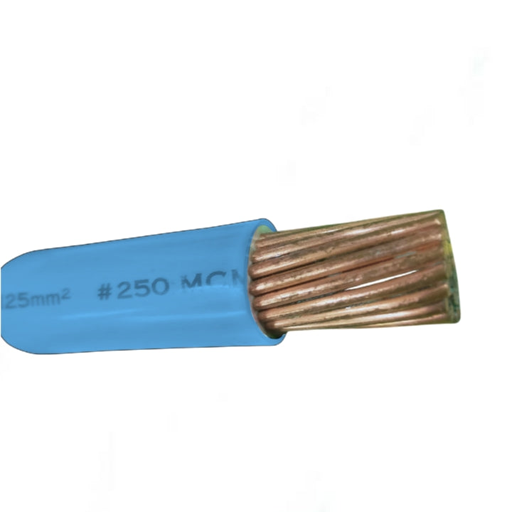 Close-up of Philflex THHN Wire 125mm Stranded 250MCM with blue insulation and copper strands