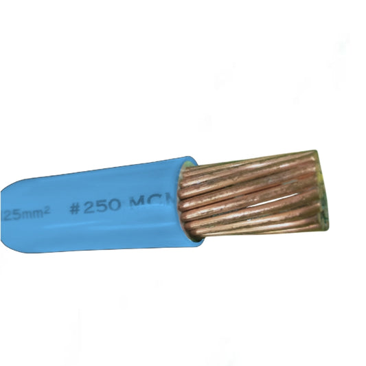 Close-up of Philflex THHN Wire 125mm Stranded 250MCM with blue insulation and copper strands