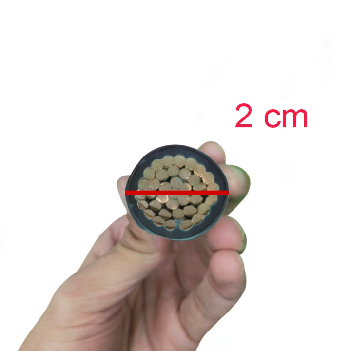 Hand holding a cross-section of Philflex THHN Wire 150mm Stranded 300MCM showing copper strands and 2 cm diameter