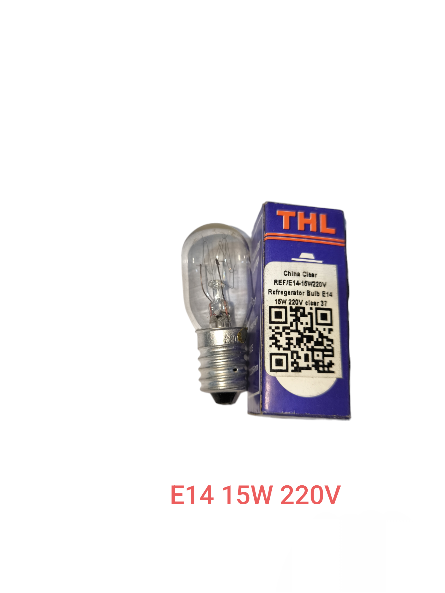 15W E14 machine bulb 220V incandescent bulb with clear glass and metal base next to blue THL box