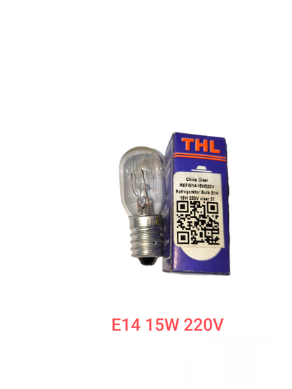15W E14 machine bulb 220V incandescent bulb with clear glass and metal base next to blue THL box