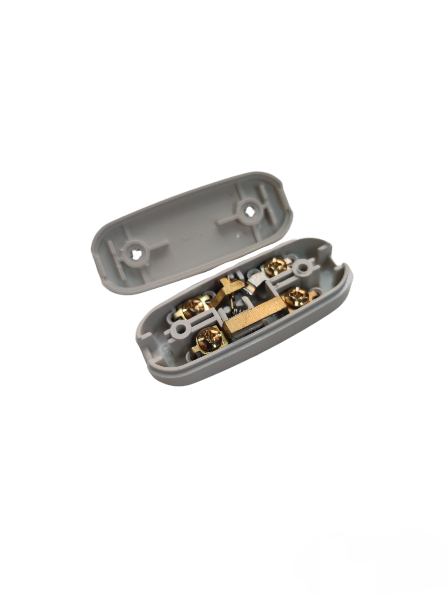 Omni Through Cord Switch 3A 250V with open gray plastic casing and internal brass connectors