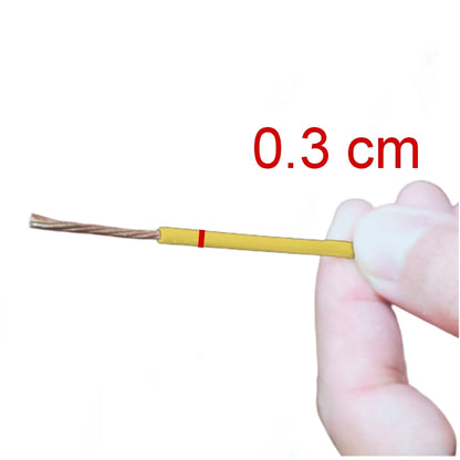 Phelps Dodge THWN AWG 14 Stranded Yellow wire held between fingers showing stripped copper strand