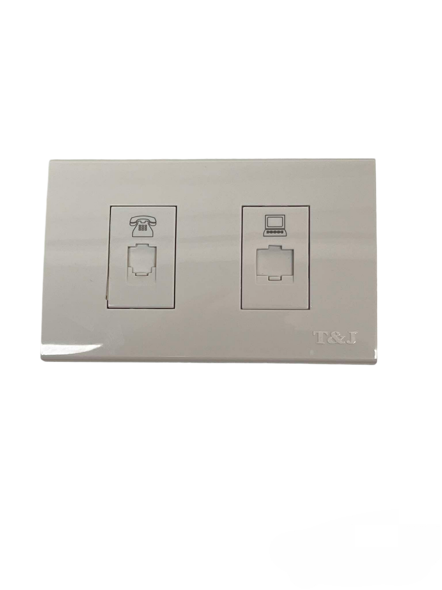 T&J 2 Gang Telephone and Cat6 Outlet with Plate in white for network and phone connections