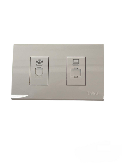 T&J 2 Gang Telephone and Cat6 Outlet with Plate in white for network and phone connections