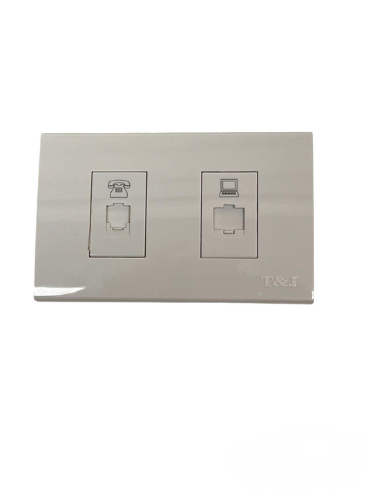 T&J 2 Gang Telephone and Cat6 Outlet with Plate in white for network and phone connections