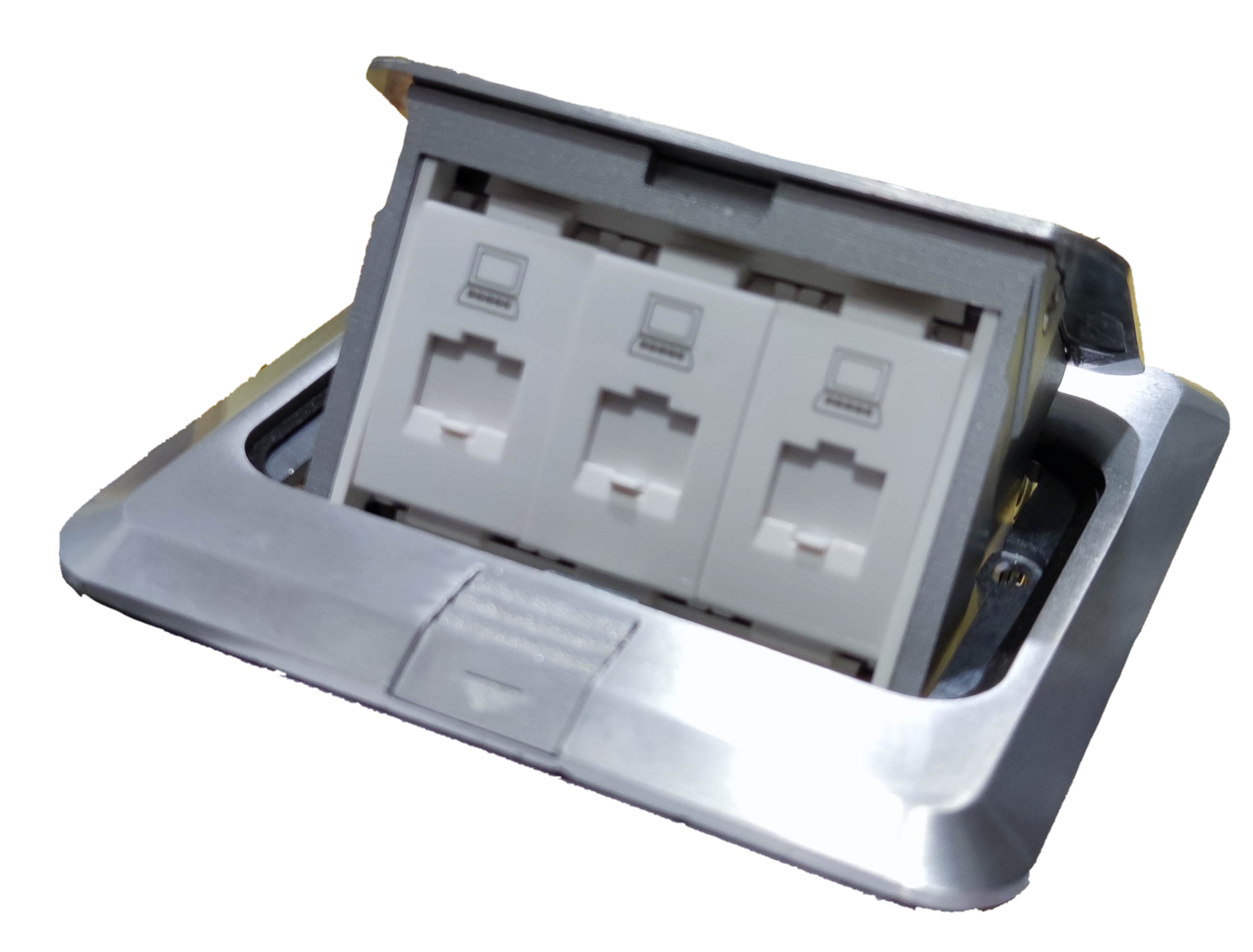 T&J Ethernet Pop Up Floor Outlet with three ports and stainless steel cover for convenient connectivity