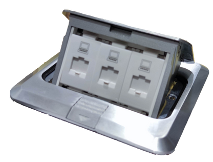 T&J Ethernet Pop Up Floor Outlet with three ports and stainless steel cover for convenient connectivity