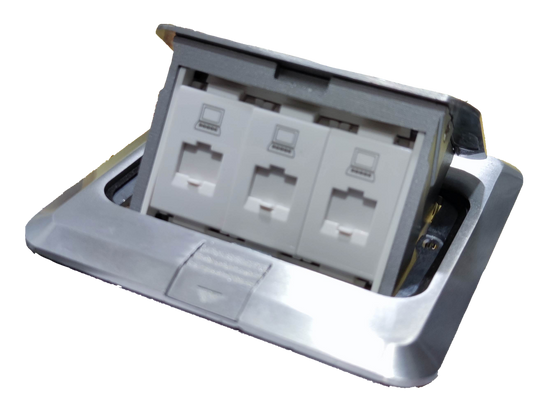 T&J Ethernet Pop Up Floor Outlet with three ports and stainless steel cover for convenient connectivity
