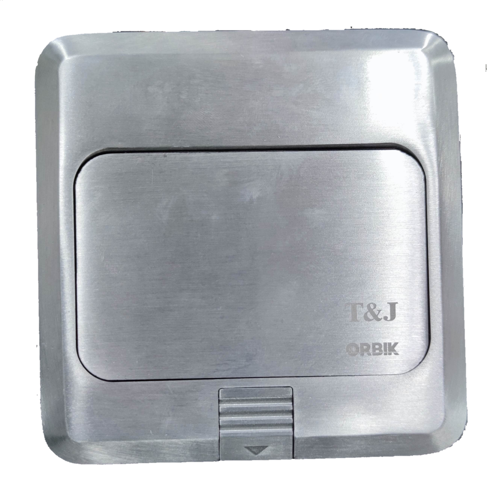 T&J Ethernet Pop Up Floor Outlet with brushed metal finish and protective cover for power and data access