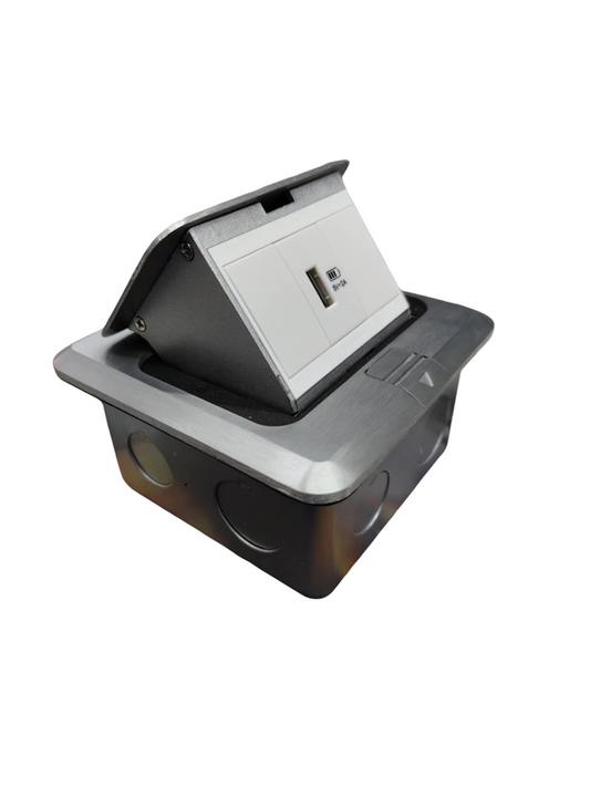 T&J Floor Outlet Pop-up USB-A Outlet with stainless steel frame and built-in USB-A port