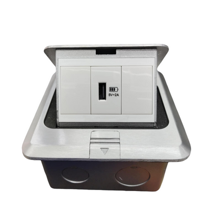 T&J Floor Outlet Pop-up USB-A Outlet with sleek silver frame and built-in USB charging port