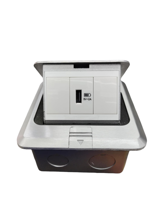 T&J Floor Outlet Pop-up USB-A Outlet with sleek silver frame and built-in USB charging port