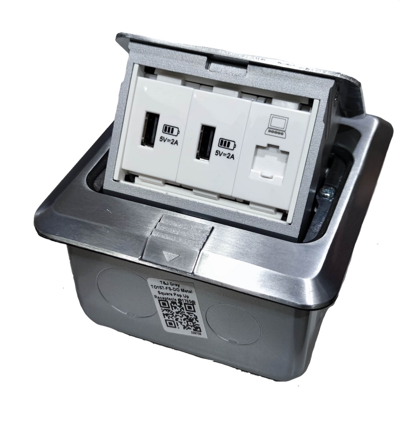 T&J Floor Outlet USB 5V 2.1A with data port in stainless steel recessed power box