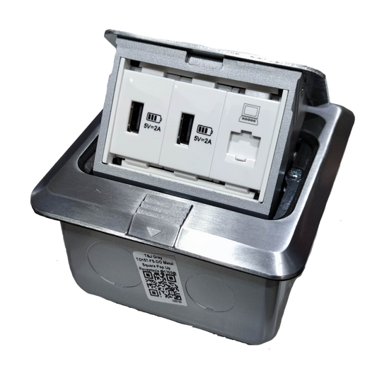 T&J Floor Outlet USB 5V 2.1A with data port in stainless steel recessed power box