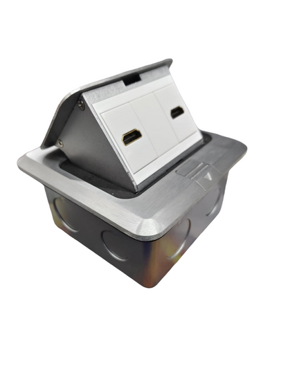 T&J 2 gang metal floor outlet with HDMI ports and silver metal finish