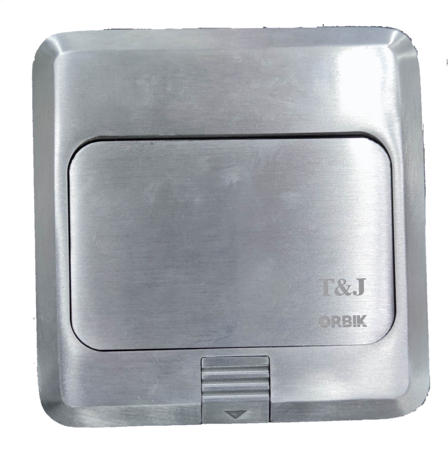 T&J 2 gang metal floor outlet with brushed silver finish and protective cover for power connections