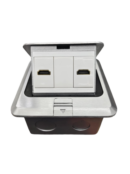 T&J 2 gang metal floor outlet with HDMI ports and stainless steel cover for power and data connections