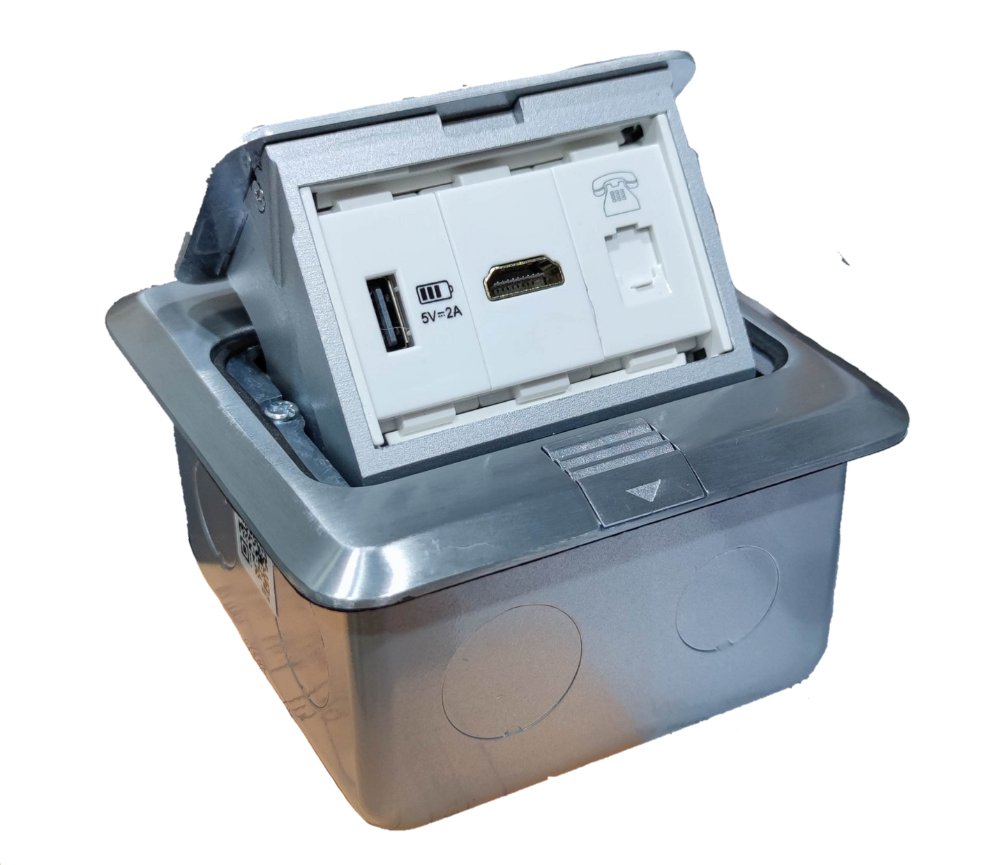 T and J pop up floor outlet with USB and HDMI in stainless steel recessed box with USB and HDMI ports