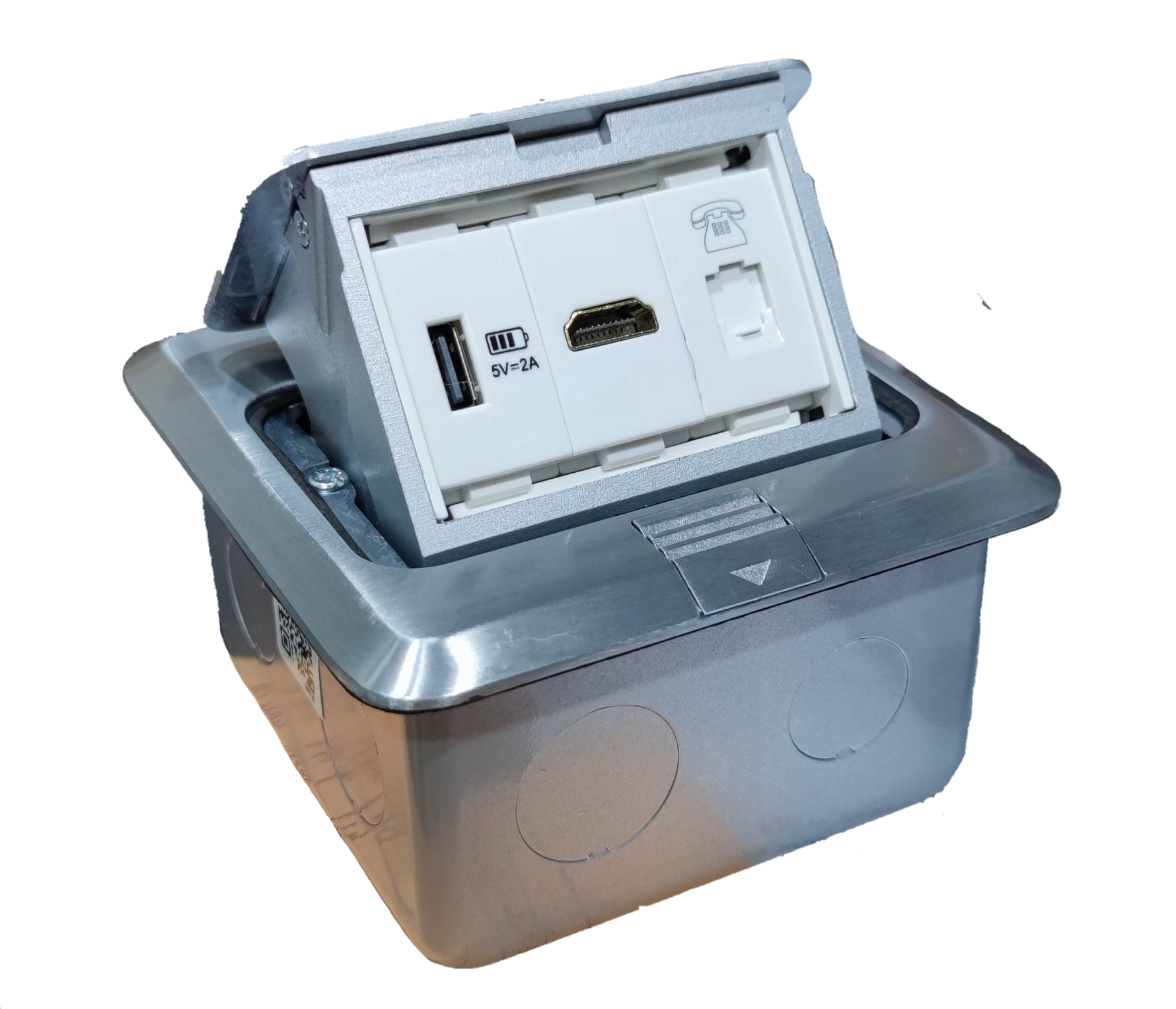 T and J pop up floor outlet with USB and HDMI in stainless steel recessed box with USB and HDMI ports
