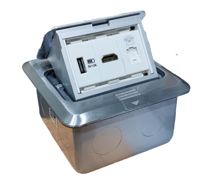 T and J pop up floor outlet with USB and HDMI in stainless steel recessed box with USB and HDMI ports