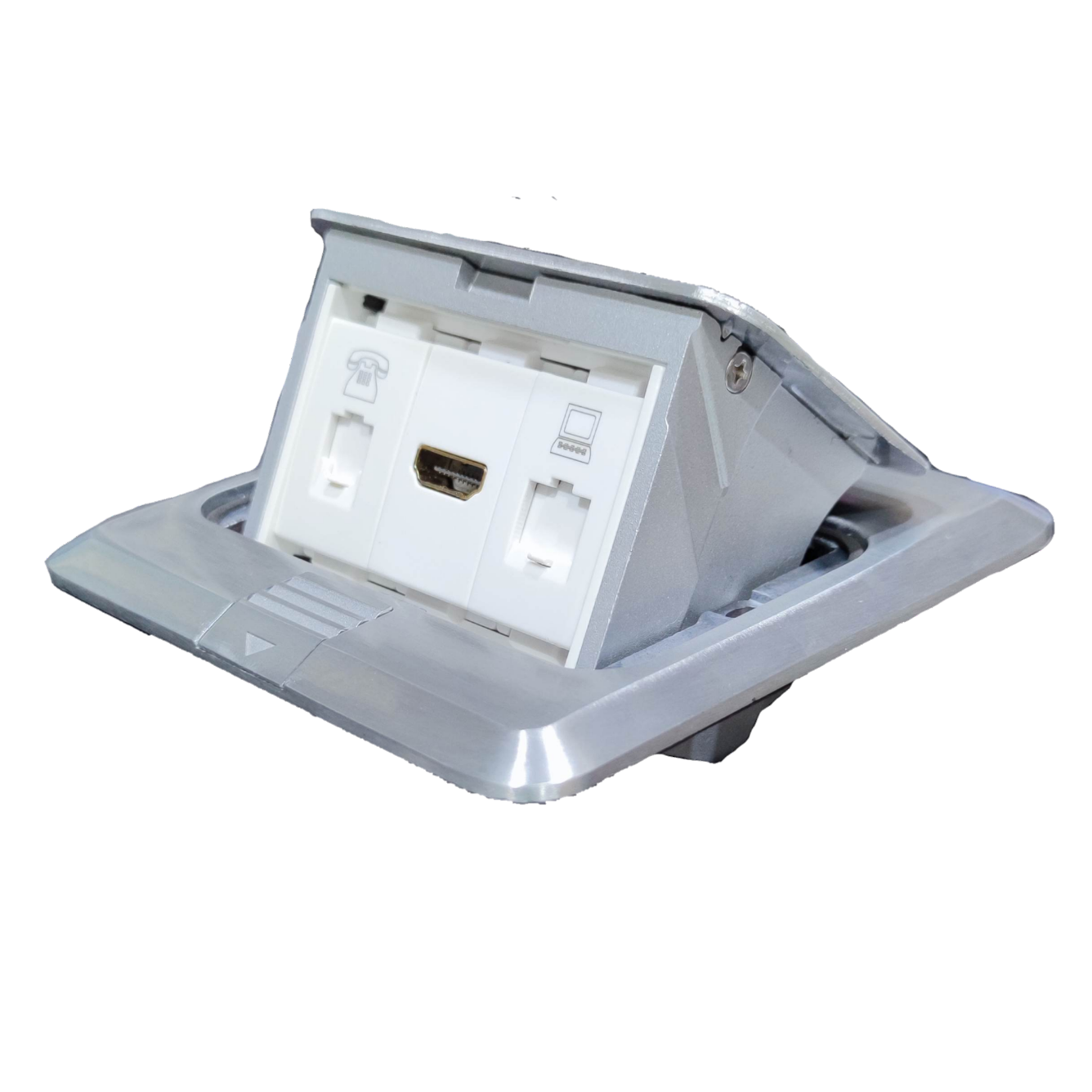 T and J floor pop-up outlet HDMI - CAT6 - telephone in brushed aluminum frame with HDMI and network ports