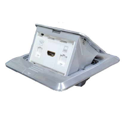 T and J floor pop-up outlet HDMI - CAT6 - telephone in brushed aluminum frame with HDMI and network ports