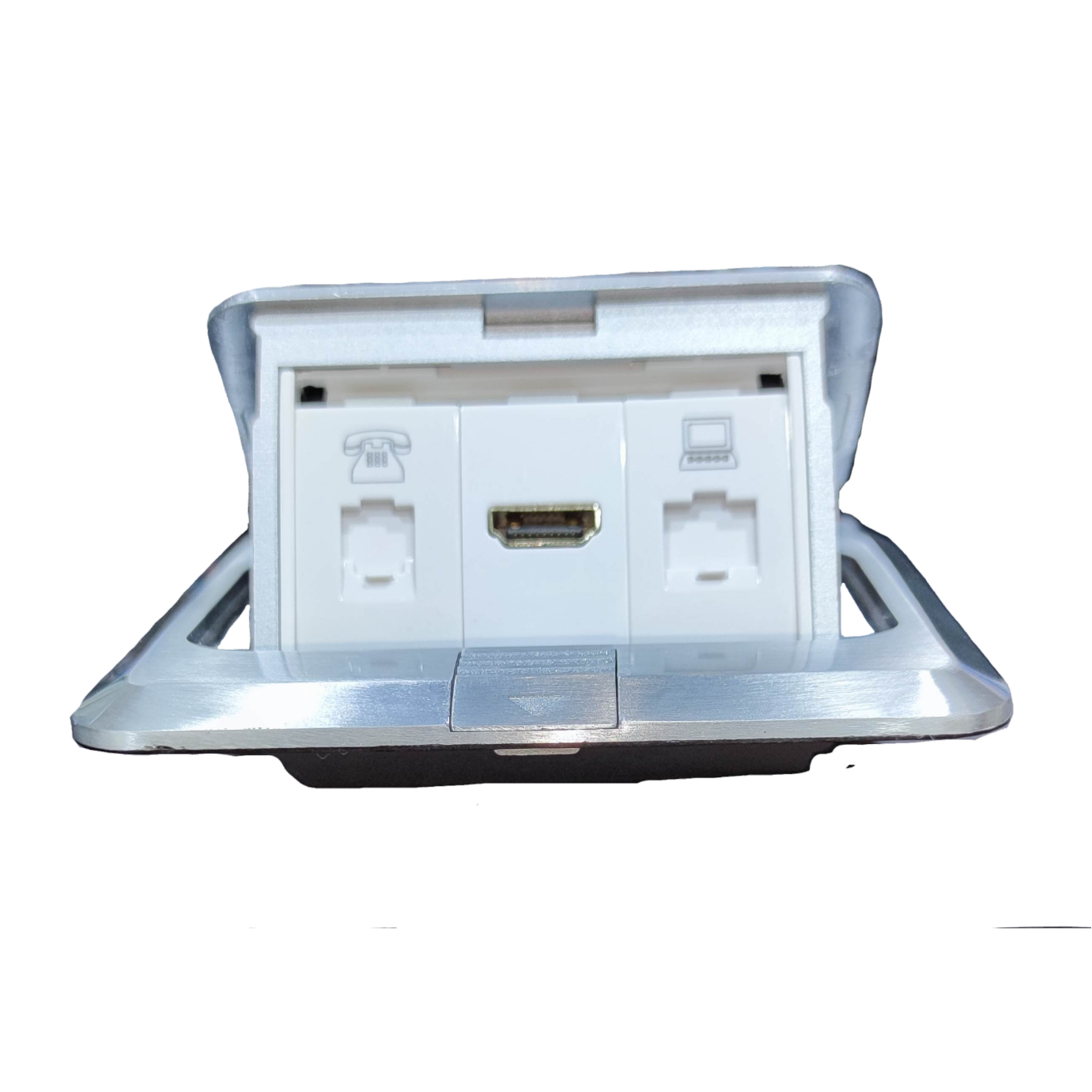 White floor pop-up outlet with HDMI and network jacks and telephone port floor pop-up outlet HDMI - CAT6 - telephone