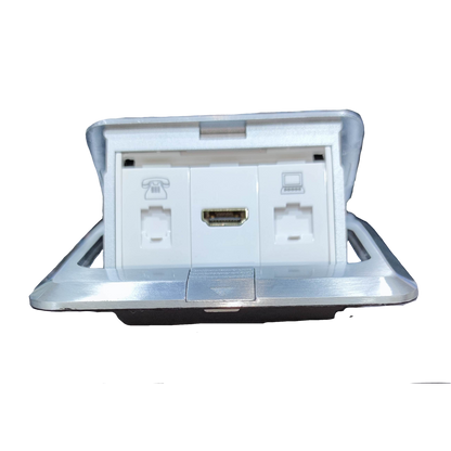 White floor pop-up outlet with HDMI and network jacks and telephone port floor pop-up outlet HDMI - CAT6 - telephone